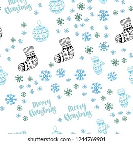 Light Blue, Green vector seamless cover with beautiful snowflakes, balls, socks, mittens. Colorful illustration with xmas symbols. Design for textile, fabric, wallpapers.