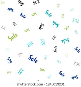 Light Blue, Green vector seamless texture with selling prices 30, 50, 70 %. Colored words of sales with gradient on white background. Backdrop for super sales on Black Friday.