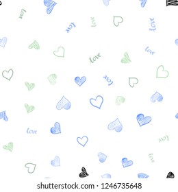 Light Blue, Green vector seamless background with words of love, hearts. Illustration with phrase LOVE YOU, hearts for valentine's day. Pattern for design of fabric, wallpapers.