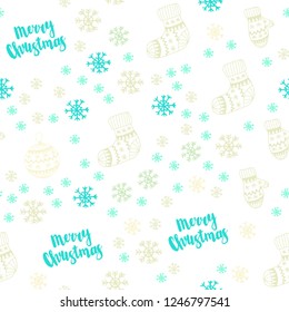 Light Blue, Green vector seamless background with xmas snowflakes, balls, socks, mittens. Glitter abstract illustration with gradient. Design for textile, fabric, wallpapers.