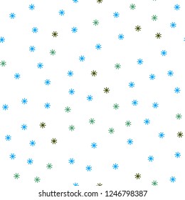 Light Blue, Green vector seamless cover with beautiful snowflakes. Shining colorful illustration with snow on abstract template. Texture for window blinds, curtains.