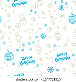 Light Blue, Green vector seamless template with ice snowflakes, balls, socks, mittens. Colorful decorative design in xmas style. Design for wallpaper, fabric makers.