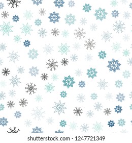 Light Blue, Green vector seamless template with ice snowflakes. Snow on blurred abstract background with gradient. Trendy design for wallpaper, fabric makers.