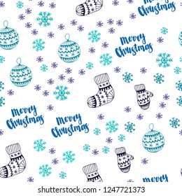 Light Blue, Green vector seamless layout with bright snowflakes, balls, socks, mittens. Colorful decorative design in xmas style. Design for textile, fabric, wallpapers.