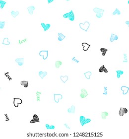 Light Blue, Green vector seamless backdrop with phrase LOVE YOU, hearts. Illustration with words of love, hearts in abstract style. Design for textile, fabric, wallpapers.