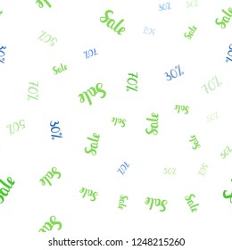 Light Blue, Green vector seamless pattern with 30, 50, 70 percentage signs. Colored words of sales with gradient on white background. Design for business ads, commercials.