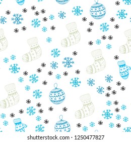Light Blue, Green vector seamless layout with bright snowflakes, balls, socks, mittens. Colorful decorative design in xmas style. Pattern for design of fabric, wallpapers.