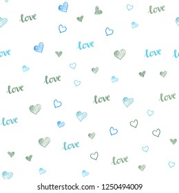 Light Blue, Green vector seamless template with text LOVE YOU, hearts. Design in doodle style with text LOVE YOU, hearts. Design for wallpaper, fabric makers.