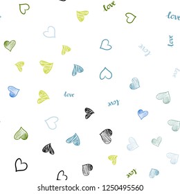 Light Blue, Green vector seamless cover with quote LOVE YOU, hearts. Illustration with phrase LOVE YOU, hearts for valentine's day. Texture for window blinds, curtains.