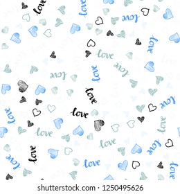 Light Blue, Green vector seamless backdrop with phrase LOVE YOU, hearts. Illustration with phrase LOVE YOU, hearts for valentine's day. Pattern for design of fabric, wallpapers.