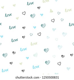 Light Blue, Green vector seamless background with words of love, hearts. Illustration with phrase LOVE YOU, hearts for valentine's day. Design for wallpaper, fabric makers.