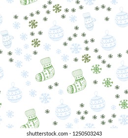 Light Blue, Green vector seamless background with xmas snowflakes, balls, socks, mittens. Colorful xmas elements with gradient. Pattern for design of fabric, wallpapers.