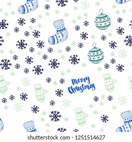 Light Blue, Green vector seamless template with ice snowflakes, balls, socks, mittens. Glitter abstract illustration with gradient. Design for wallpaper, fabric makers.