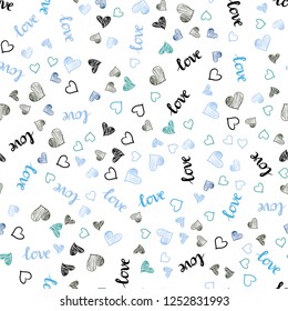 Light Blue, Green vector seamless pattern with phrase LOVE YOU, hearts. Design in doodle style with text LOVE YOU, hearts. Pattern for trendy fabric, wallpapers.