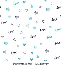 Light Blue, Green vector seamless cover with quote LOVE YOU, hearts. Design in doodle style with text LOVE YOU, hearts. Design for wallpaper, fabric makers.