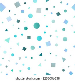 Light Blue, Green vector seamless texture in poly style with circles, cubes. Illustration with set of colorful circles, triangles, squares. Pattern for design of window blinds, curtains.