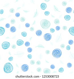 Light Blue, Green vector seamless doodle pattern with leaves and flowers. Doodle illustration of leaves and flowers in Origami style. Texture for window blinds, curtains.