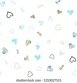 Light Blue, Green vector seamless template with text LOVE YOU, hearts. Colorful gradient phrase LOVE YOU, hearts in abstract style. Pattern for trendy fabric, wallpapers.