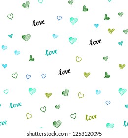 Light Blue, Green vector seamless texture with words LOVE YOU, hearts. Romantic illustration with colorful phrase LOVE YOU, hearts. Pattern for design of fabric, wallpapers.