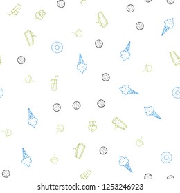 Light Blue, Green vector seamless pattern with fresh ingredients. Illustration with set of fresh food in doodle style. Doodle design for your business advert of cafes.