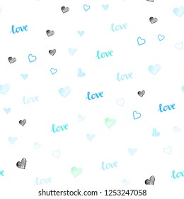 Light Blue, Green vector seamless template with text LOVE YOU, hearts. Illustration with phrase LOVE YOU, hearts for valentine's day. Design for wallpaper, fabric makers.