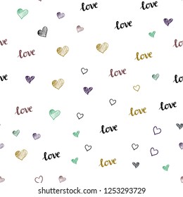 Light Blue, Green vector seamless texture with words LOVE YOU, hearts. Illustration with phrase LOVE YOU, hearts for valentine's day. Texture for window blinds, curtains.