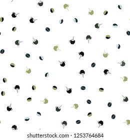 Light Blue, Green vector seamless background with coffee, beans. Colorful illustration with gradient coffee beans, mugs. Doodle design for your business advert of cafes.