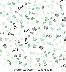 Light Blue, Green vector seamless background with words of love, hearts. Colorful gradient phrase LOVE YOU, hearts in abstract style. Template for business cards, websites.