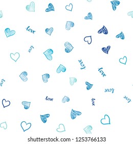 Light Blue, Green vector seamless template with text LOVE YOU, hearts. Romantic illustration with colorful phrase LOVE YOU, hearts. Design for textile, fabric, wallpapers.