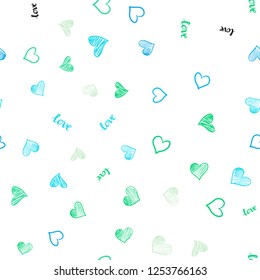 Light Blue, Green vector seamless background with words of love, hearts. Design in doodle style with text LOVE YOU, hearts. Pattern for trendy fabric, wallpapers.