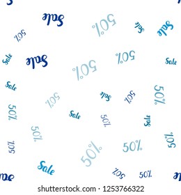 Light Blue, Green vector seamless texture with selling prices 50 %. Colored words of sales with gradient on white background. Pattern for ads, posters, banners of sales.