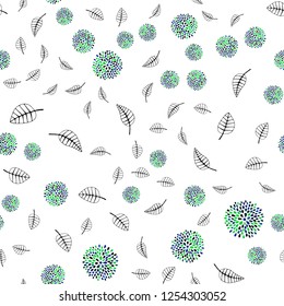 Light Blue, Green vector seamless natural artwork with leaves, flowers. Colorful doodles on white background. Pattern for trendy fabric, wallpapers.