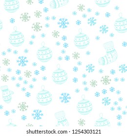 Light Blue, Green vector seamless texture with colored snowflakes, balls, socks, mittens. Colorful illustration with xmas symbols. Texture for window blinds, curtains.