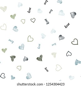 Light Blue, Green vector seamless background with words of love, hearts. Illustration with words of love, hearts in abstract style. Template for business cards, websites.