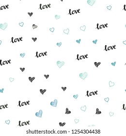 Light Blue, Green vector seamless background with words of love, hearts. Design in doodle style with text LOVE YOU, hearts. Design for wallpaper, fabric makers.