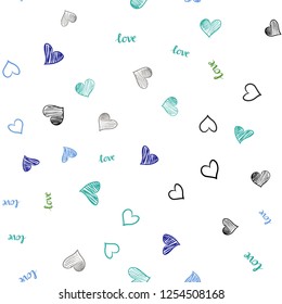 Light Blue, Green vector seamless texture with words LOVE YOU, hearts. Illustration with words of love, hearts in abstract style. Pattern for trendy fabric, wallpapers.