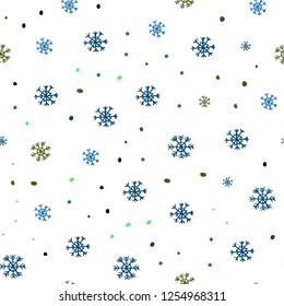 Light Blue, Green vector seamless template with ice snowflakes. Colorful snowflakes with gradient on abstract background. Design for textile, fabric, wallpapers.
