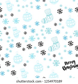 Light Blue, Green vector seamless layout with bright snowflakes, balls, socks, mittens. Colorful xmas elements with gradient. Design for wallpaper, fabric makers.