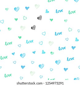 Light Blue, Green vector seamless pattern with phrase LOVE YOU, hearts. Illustration with words of love, hearts in abstract style. Design for wallpaper, fabric makers.