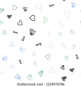 Light Blue, Green vector seamless template with text LOVE YOU, hearts. Colorful gradient phrase LOVE YOU, hearts in abstract style. Template for business cards, websites.