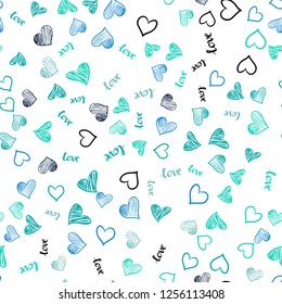 Light Blue, Green vector seamless pattern with phrase LOVE YOU, hearts. Illustration with words of love, hearts in abstract style. Design for textile, fabric, wallpapers.