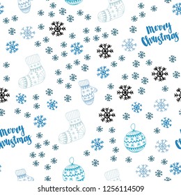 Light Blue, Green vector seamless texture with colored snowflakes, balls, socks, mittens. Colorful xmas elements with gradient. Texture for window blinds, curtains.