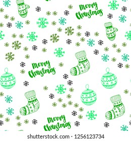 Light Blue, Green vector seamless template with ice snowflakes, balls, socks, mittens. Colorful illustration with xmas symbols. Pattern for design of fabric, wallpapers.