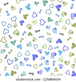 Light Blue, Green vector seamless template with text LOVE YOU, hearts. Romantic illustration with colorful phrase LOVE YOU, hearts. Design for textile, fabric, wallpapers.