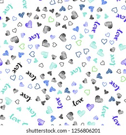 Light Blue, Green vector seamless texture with words LOVE YOU, hearts. Design in doodle style with text LOVE YOU, hearts. Design for wallpaper, fabric makers.