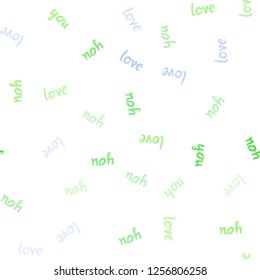 Light Blue, Green vector seamless texture with words LOVE YOU. Decorative design in doodle style with text LOVE YOU. Template for business cards, websites.