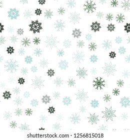 Light Blue, Green vector seamless background with xmas snowflakes. Modern geometrical abstract illustration with crystals of ice. Trendy design for wallpaper, fabric makers.