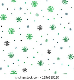 Light Blue, Green vector seamless template with ice snowflakes. Shining colorful illustration with snow in christmas style. Template for business cards, websites.