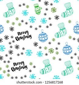 Light Blue, Green vector seamless cover with beautiful snowflakes, balls, socks, mittens. Modern geometric abstract illustration. Design for textile, fabric, wallpapers.
