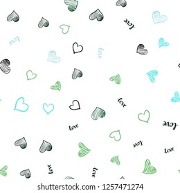 Light Blue, Green vector seamless pattern with phrase LOVE YOU, hearts. Romantic illustration with colorful phrase LOVE YOU, hearts. Design for wallpaper, fabric makers.